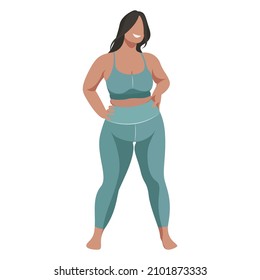 vector illustration a plus size girl in a sports uniform (leggings and a sports bra) trains, does fitness in a good mood isolated on a white background. useful for advertising sports studios, programs