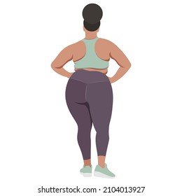 vector illustration a plus size girl in a sports uniform (leggings and a sports bra) trains, does fitness in a good mood isolated on a white background. useful for advertising sports studios, programs