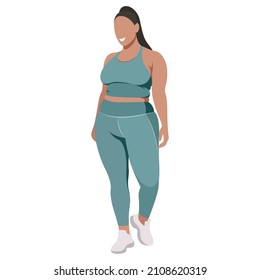 vector illustration a plus size girl in a sports uniform (leggings and a sports bra) trains, does fitness in a good mood isolated on a white background. useful for advertising sports studios, programs