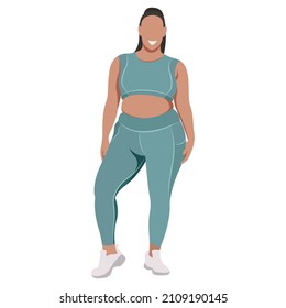 vector illustration a plus size girl in a sports uniform (leggings and a sports bra) trains, does fitness in a good mood isolated on a white background. useful for advertising sports studios, programs