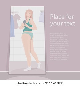Ilustración vectorial de una chica más grande mirando su reflejo en el espejo y haciéndose selfie en el salón, expresando amor propio. Ama a ti mismo. Ama tu cuerpo. Concepto bodypositivo. 