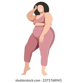 ilustración vectorial una chica más grande con uniforme deportivo (piernas y sujetador deportivo), hace fitness de buen humor aislado en un fondo blanco. útil para estudios de deportes publicitarios, programas