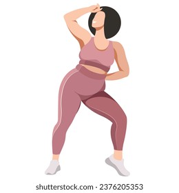 ilustración vectorial una chica más grande con uniforme deportivo (piernas y sujetador deportivo), hace fitness de buen humor aislado en un fondo blanco. útil para estudios de deportes publicitarios, programas