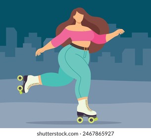 Vector illustration of plus size girl is rollerblading in the evening city. Colorful flat concept of body positive woman	