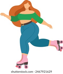 Vector illustration of plus size girl ride rollerblades. Colorful flat concept of body positive woman