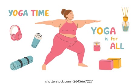Vector illustration of a plus size girl doing yoga. Body positive concept.Body And Its Capabilities. Cartoon People Vector Illustration