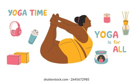 Ilustração vetorial de uma menina de tamanho plus fazendo ioga. Conceito de corpo positivo. E As Suas Capacidades. Ilustração do vetor de pessoas do desenho animado
