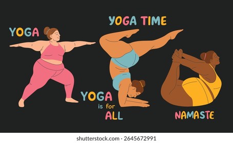 Ilustração vetorial de uma menina de tamanho plus fazendo ioga. Conceito de corpo positivo. E As Suas Capacidades. Ilustração do vetor de pessoas do desenho animado