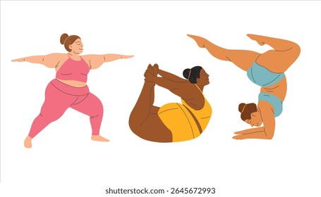 Ilustração vetorial de uma menina de tamanho plus fazendo ioga. Conceito de corpo positivo. E As Suas Capacidades. Ilustração do vetor de pessoas do desenho animado