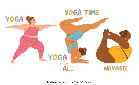 Ilustração vetorial de uma menina de tamanho plus fazendo ioga. Conceito de corpo positivo. E As Suas Capacidades. Ilustração do vetor de pessoas do desenho animado