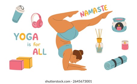 Ilustração vetorial de uma menina de tamanho plus fazendo ioga. Conceito de corpo positivo. E As Suas Capacidades. Ilustração do vetor de pessoas do desenho animado