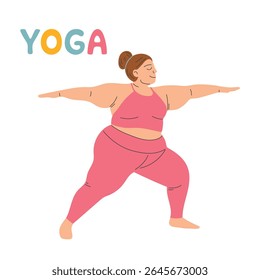 Ilustração vetorial de uma menina de tamanho plus fazendo ioga. Conceito de corpo positivo. E As Suas Capacidades. Ilustração do vetor de pessoas do desenho animado