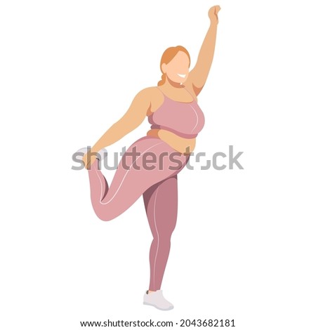 vector illustration a plus size girl in a sports uniform (leggings and a sports bra) trains, does fitness in a good mood isolated on a white background. useful for advertising sports studios, programs