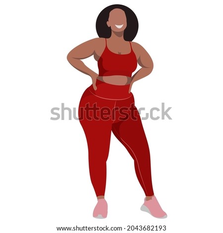 vector illustration a plus size girl in a sports uniform (leggings and a sports bra) trains, does fitness in a good mood isolated on a white background. useful for advertising sports studios, programs