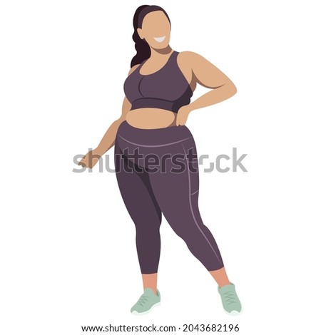 vector illustration a plus size girl in a sports uniform (leggings and a sports bra) trains, does fitness in a good mood isolated on a white background. useful for advertising sports studios, programs