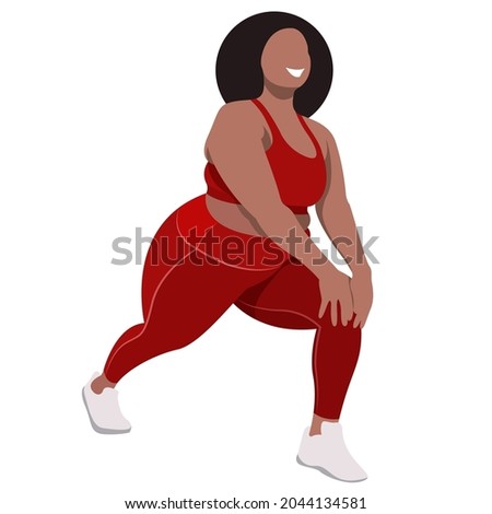 vector illustration a plus size girl in a sports uniform (leggings and a sports bra) trains, does fitness in a good mood isolated on a white background. useful for advertising sports studios, programs