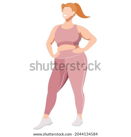 vector illustration a plus size girl in a sports uniform (leggings and a sports bra) trains, does fitness in a good mood isolated on a white background. useful for advertising sports studios, programs