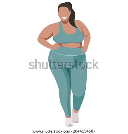 vector illustration a plus size girl in a sports uniform (leggings and a sports bra) trains, does fitness in a good mood isolated on a white background. useful for advertising sports studios, programs