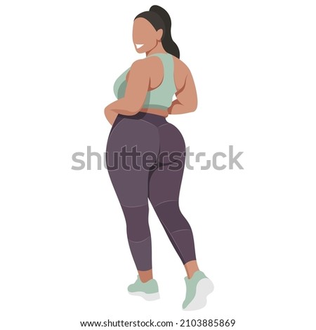 vector illustration a plus size girl in a sports uniform (leggings and a sports bra) trains, does fitness in a good mood isolated on a white background. useful for advertising sports studios, programs