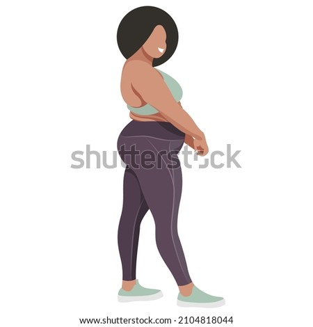 vector illustration a plus size girl in a sports uniform (leggings and a sports bra) trains, does fitness in a good mood isolated on a white background. useful for advertising sports studios, programs