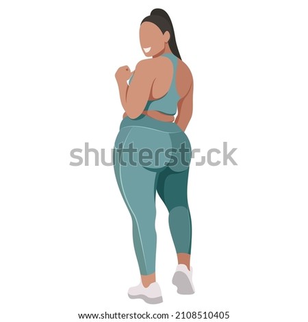 vector illustration a plus size girl in a sports uniform (leggings and a sports bra) trains, does fitness in a good mood isolated on a white background. useful for advertising sports studios, programs