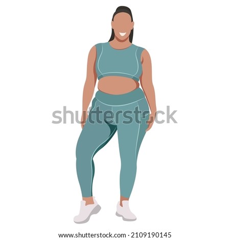 vector illustration a plus size girl in a sports uniform (leggings and a sports bra) trains, does fitness in a good mood isolated on a white background. useful for advertising sports studios, programs