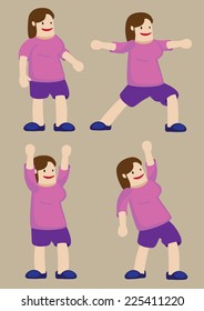 Vector illustration of a plus size woman doing stretches and exercise poses. Cartoon character isolated on plain background