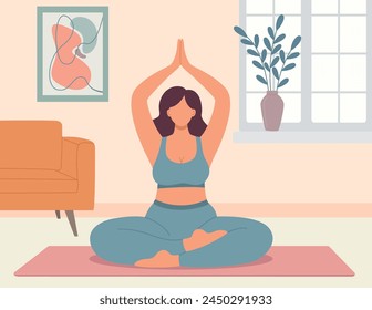 Ilustración vectorial de una mujer talla grande haciendo yoga en casa. Estilo plano de ejercicio concepto de cuerpo de chica positiva