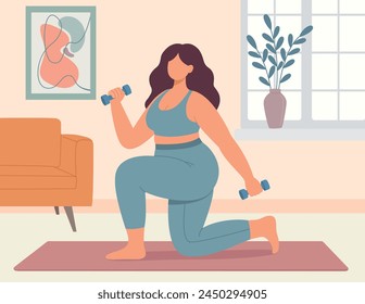 Ilustración vectorial de una mujer talla grande hace ejercicios físicos con mancuernas en casa. Concepto de estilo plano de cuerpo de chica positiva