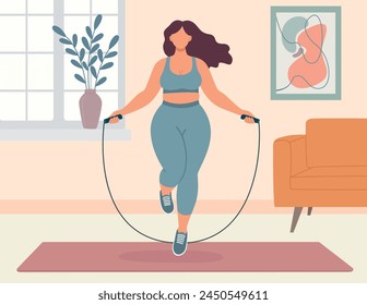 Ilustración vectorial de una mujer talla grande hace ejercicios físicos con cuerda de salto en casa. Concepto de estilo plano de cuerpo de chica positiva