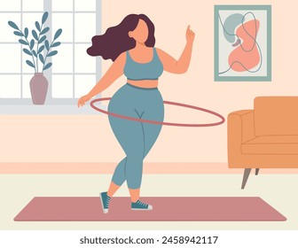 Ilustración vectorial de una mujer talla grande hace ejercicios físicos con hula hoop en casa. Concepto de estilo plano de cuerpo de chica positiva	