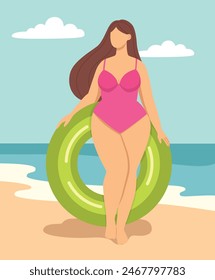 Vector illustration of a plus size woman with inflatable beach circle on sea coast. Flat style concept of body positive girl	