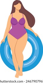 Vector illustration of a plus size woman with inflatable beach circle. Flat style concept of body positive girl