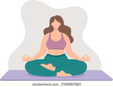 Vector illustration of a plus size woman doing yoga. Flat style concept of body positive girl sitting in lotus position