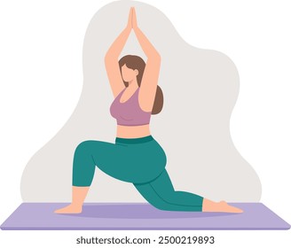 Vector illustration of a plus size woman doing yoga. Flat style concept of body positive girl	