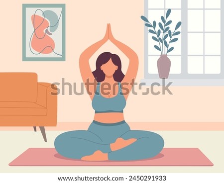 Vector illustration of a plus size woman doing yoga at home. Flat style exercising concept of body positive girl