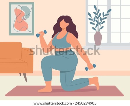 Vector illustration of a plus size woman does physical exercises with dumbbells at home. Flat style concept of body positive girl