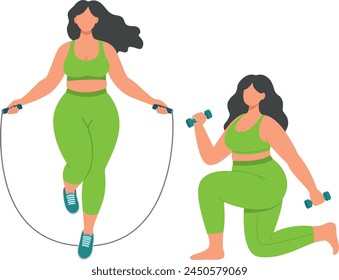 Ilustración vectorial de una mujer talla grande hace ejercicios físicos con cuerda de salto y con mancuernas. Concepto de estilo plano de las niñas positivas del cuerpo