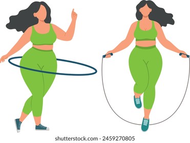 Ilustración vectorial de una mujer talla grande hace ejercicios físicos con cuerda de salto y con hula hoop. Concepto de estilo plano de las niñas positivas del cuerpo	