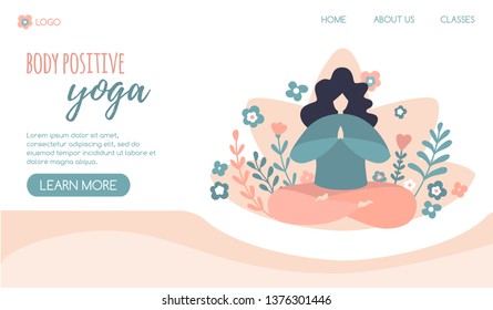 Vector illustration of a plus size yoga woman meditating in the Lotus pose. Cute flat female character. Oversized girl with doodle flowers. Body positive yoga classes horizontal website banner design