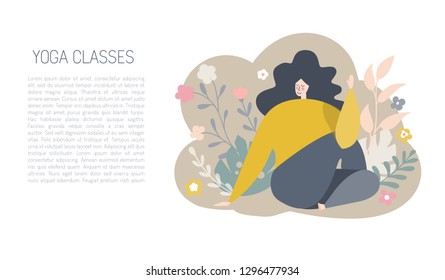Vector illustration of a plus size yogi woman meditating in the Half Lord of the Fishes pose. Cute flat female character. Oversized girl with doodle flowers, leaves and plants. Yoga card and banner.