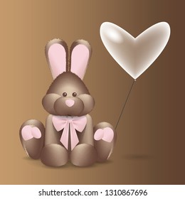 Vector illustration of a plush Bunny with a bowand a balloon on a brown background