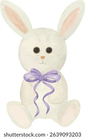 Vector illustration of a plush white bunny with a bow, presented as a gift. Great for baby shower cards, nursery decorations, kids’ invitations, and print designs.