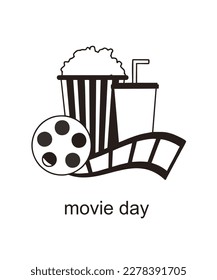 vector illustration png image of popcorn rolls drinking movie theater in black and white color happy movie day