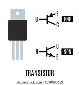 vector illustration of pnp transistor, npn transistor with symbol and name.  Illustration for Electronics.  Simple flat minimalist design.