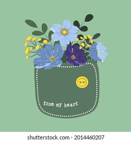 ilustración vectorial - bolsillo, lleno de flores. una foto sobre el tema de primavera, verano, flores, floristería. ilustración plana para sitios web, revistas, aplicación