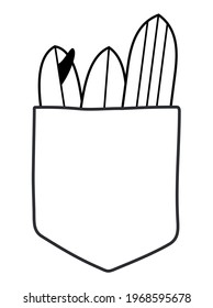 Vector illustration of pocket with surfboards. Art in simple strokes and cartoon style.