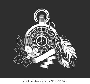 vector illustration pocket watch decorated with feathers on the black background