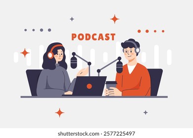 Vector illustration of podcast hosts in studio discussing topics with microphones, headphones and laptop. Girl and man communicating with audience online. Couple of people having casual conversation