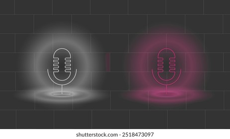 Ilustração vetorial ícone de podcast ou microfone neon luz brilho branco e roxo textura fundo. 
